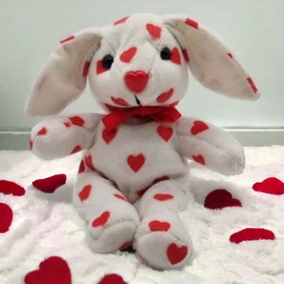 Bunny Plush Toy Rabbit Valentine Hearts Red Ribbon Soft Home Decor - Picture 1 of 3